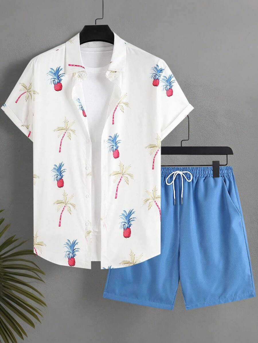 Manfinity KASUA Men Plant Print Front Button Short Sleeve Top And Solid Color Shorts Beach Outfit - Blue - View 1