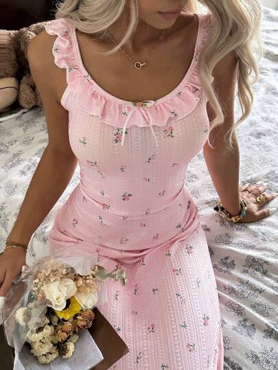 CottageSlumber Women's Floral Jacquard Knit Nightgown With Ruffle Trim And Bow Decor Bountiful Floral Splendor Cozy And Elegant Details