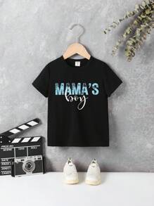SHEIN Young Boy Casual Minimalist Letter Print Round Neck Short Sleeve T-Shirt, Mommy And Me Matching Outfits (2 Pieces Sold Separately) - Black - View 3
