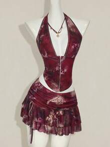 SHEIN ICON Women's Retro Floral Print Sexy Halter Neck Crop Top And Mini Skirt Set Vintage Clothes Havana Nights Outfit Feminine Clothes