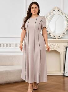 Modelyn Plus Size Summer Elegant Contrast Color Ruffle Trim Puff Sleeve Dress - Apricot - View 6