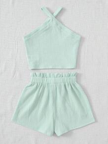 adolecent Filles 2 pièces ensemble décontracté: Top sans manches en tricot de couleur unie et short ample en tricot