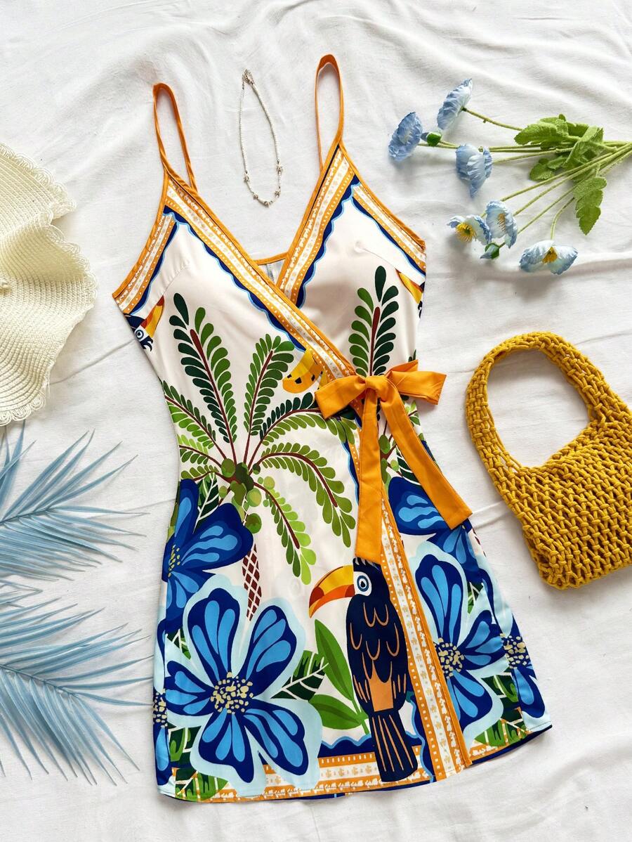 Soleia Women's Vacation Tropical Palm Tree & Leaf Spaghetti Strap Mini Wrap Dress Aloha Outfits Women Print - Multicolor - View 1