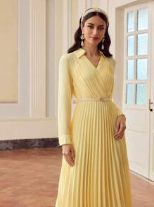 ZEYLAH Elegant Solid Color Raglan Sleeve Pleated Dress - Yellow - View 5
