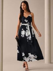 Lilora Vestido largo de tirantes para mujer con estampado floral pequeño, cintura con lazo autoajustable, estilo elegante de fiesta de té de verano, estilo urbano casual y de ocio - Azul Marino - Ver 1