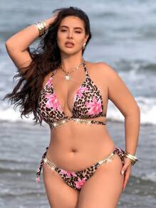 Swim Vcay Plus Size 2pcs Set Random Bling Decor Halter Triangle Bikini, Sexy Minimalist Fashion Women Beach Wear For Summer Beach Vacation - Multicolor - View 5