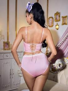 FairyFlirt 2pcs Kawaii Lolita Satin Floral Lace Criss-Cross Corset Set, Pink & White - Pink - View 2