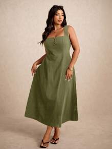 Elaquor 大码休闲纯色无袖连衣裙 - 軍綠色 - 查看 6