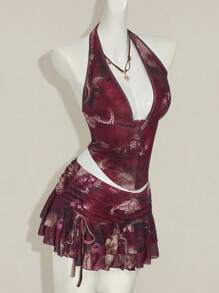 SHEIN ICON Women's Retro Floral Print Sexy Halter Neck Crop Top And Mini Skirt Set Vintage Clothes Havana Nights Outfit Feminine Clothes