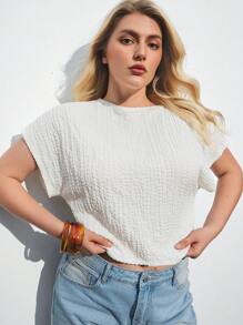 Maija Plus Size Women White Round Neck Casual Short Cap Sleeve Pleated Waist T-Shirt Romantic, Fashion, Versatile; Suitable For Summer Vacation, Comfortable, Stylish, Elegant, Casual, , Simple Daily Wear, Country Style, Essential, Solid Color, Holiday Casual, Decent, Single Lady, Ideal For Vacation Elegant Fashion Business Casual Woman Going Out Tops Graduation Going Out Tops Women Plus Size Cropped Tops Plus Size S Curvy Tops Plus Size Textured Tops Plus Size White Tops Fall Women Clothes Autumn Clothes - Beige - View 1