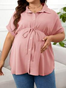 SHEIN Plus Size Pregnant Women Solid Color Front Button Casual Short Sleeve Top For Summer