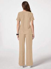 TaskEZ Solid Color Notched Neck Short Sleeve Top And Pocket Shorts Scrub Uniform Set - Khaki - View 2