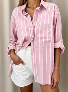 INAWLY Camisa casual de mujer de manga larga, monobotonada, con hombros caídos y rayas