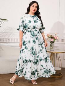SHEIN Clasi Váy voan nữ cỡ lớn, Váy dài mùa hè màu xanh lá cây nhạt thanh lịch với tay áo ngắn, viền xếp nếp lãng mạn Váy hoa cỡ lớn Váy mùa hè cỡ lớn Váy nghỉ mát cỡ lớn Váy mùa hè cong Váy dự tiệc ngoài vườn - Nhiều màu - Xem 5