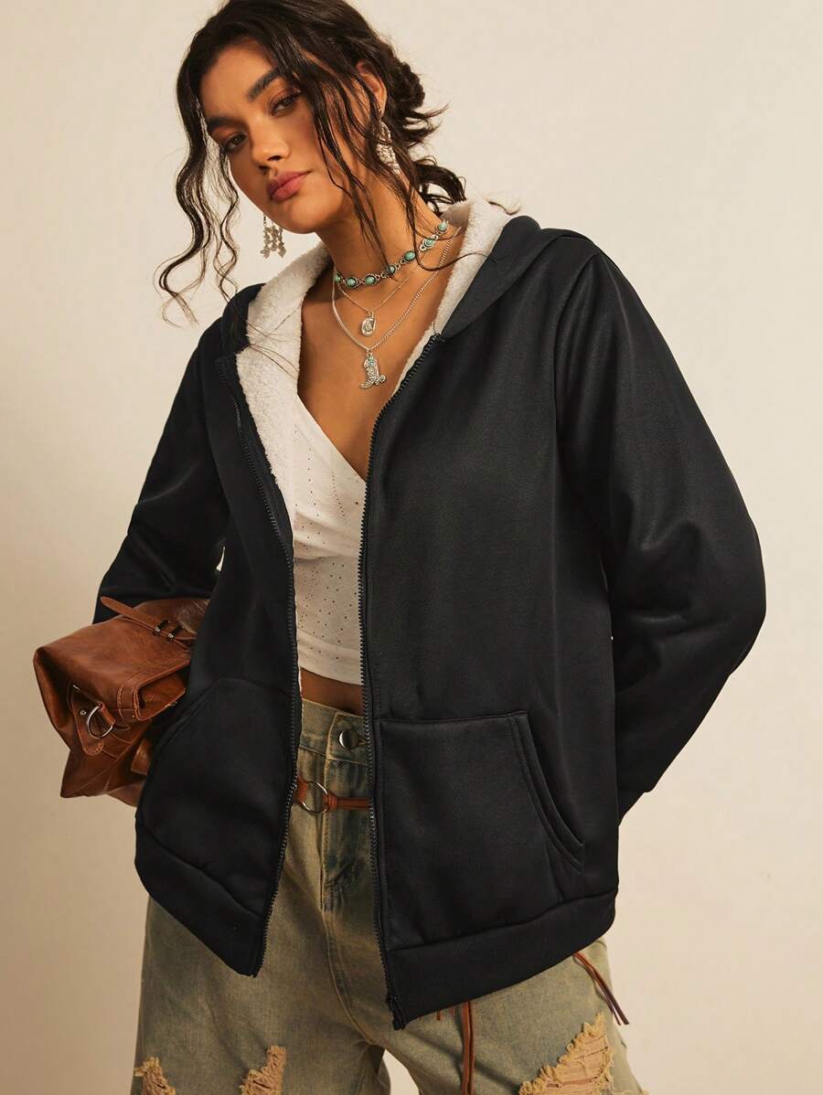 Freevana Plus Size Contrast Color Thermal Lined Warm Comfortable Hooded Jacket With Zipper Pockets Winter Clothes Fall Autumn - Black - View 1