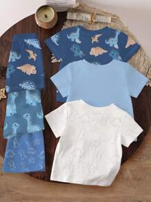SHEIN 3 件套婴幼儿男童休闲卡通恐龙印花短袖 T 恤和短裤套装，适合日常穿着，夏季