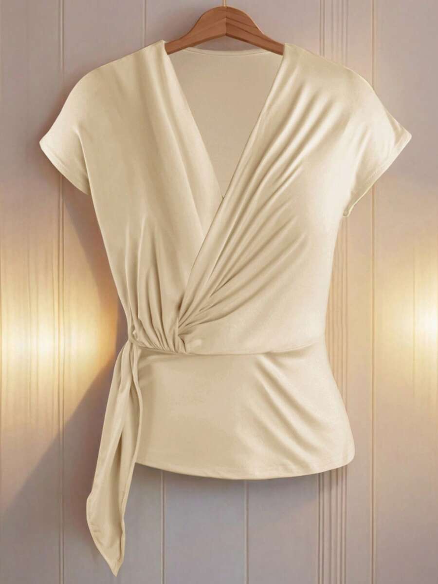 Franclia Women Elegant Twist Solid Deep V Neck Ruffle Short Sleeve T-Shirt - Apricot - View 1