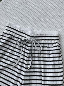 Comfortcana Women's Knit Striped Lace Waist Hem Loose Wide Leg Pants - Black and White - View 4