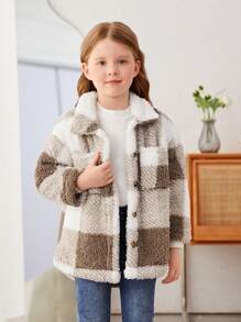 SHEIN Leap Crew 年轻女孩休闲宽松翻领格子羊毛长袖外套