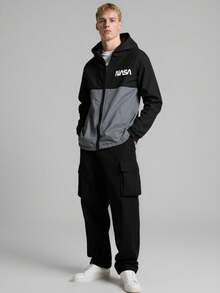 1pc Boys' Hooded Jacket With Patchwork Print, Black & Grey Combination, Versatile Design Suitable For School, Casual Outdoor Wear, Fashionable & Comfortable For All Occasions,Back To School Chic Outfits For Autumn/Winter Boys Windbreaker Jacket Fall - Black - View 6