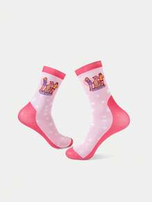 SCOOBY-DOO X SHEIN 1 Pair Women's Pink Romantic Floral And Cartoon Character Mid-Calf Socks - Multicolor - View 2