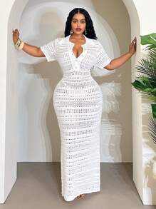 Slaydiva 复活节波西米亚风休闲轻盈纯色翻领前扣短袖修身镂空针织长裙，优雅浪漫，适合春夏季、海滩、日常穿着，加大码 - 白色 - 查看 7