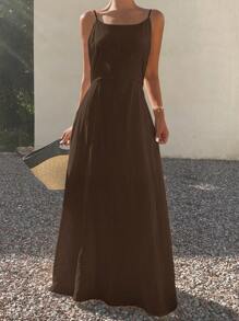 DAZY Vestido casual de longitud media sin espalda con lazo y sin mangas de color liso para mujer de vacaciones