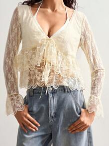 Bohemela Áo sơ mi ren dài tay đơn giản cho nữ - Màu be - Xem 6