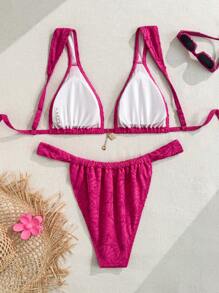 Swim Vcay 加大码女式两件套比基尼，特殊面料，性感露背，可爱设计，适合海滩、泳池、度假 - 玫紅色 - 查看 2