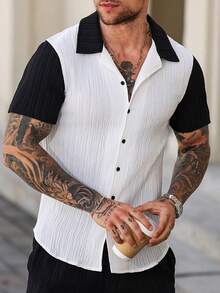 Manfinity Homme 男士拼色单排扣休闲短袖衬衫，夏季 - 白色 - 查看 5