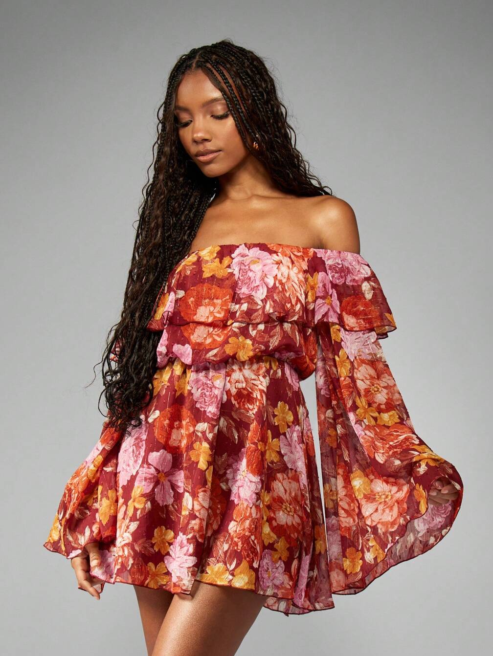 red off the shoulder dress missguided MISSGUIDED Off Shoulder Floral Bell Sleeve Ruffle Overlay Mini Dress｜ MISSGUIDED