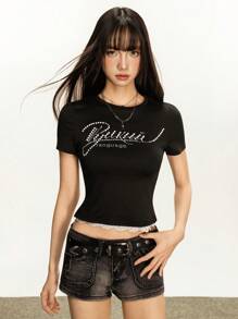 INAWLY Summer Casual Beaded Decor Lace Trim T-Shirt - Black - View 1