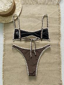 Swim Vcay Women Summer Solid Crochet Scallop Trim Micro Bikini Vacation Bikini Set - Coffee Brown - View 4