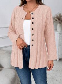 Cárdigan casual con botones y tejido de punto de cable de unicolor para mujer talla grande - Rosa - Ver 1