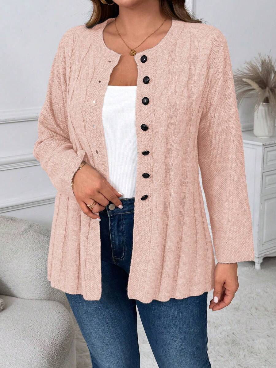 Cárdigan casual con botones y tejido de punto de cable de unicolor para mujer talla grande - Rosa - Ver 1