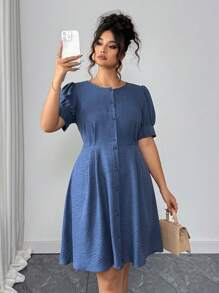 Elenzga Plus Size Crew Neck Denim Effect Short Sleeve A-Line Waist Midi Dress - Blue - View 4