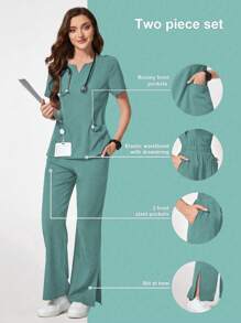 TaskEZ Solid Color Notched Neck Short Sleeve Top And Pocket Shorts Scrub Uniform Set - Green - View 1