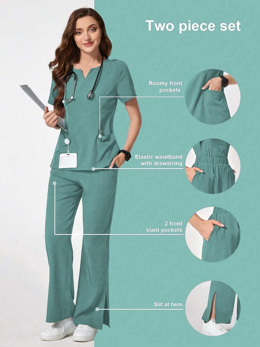 TaskEZ Solid Color Notched Neck Short Sleeve Top And Pocket Shorts Scrub Uniform Set - Green - View 1