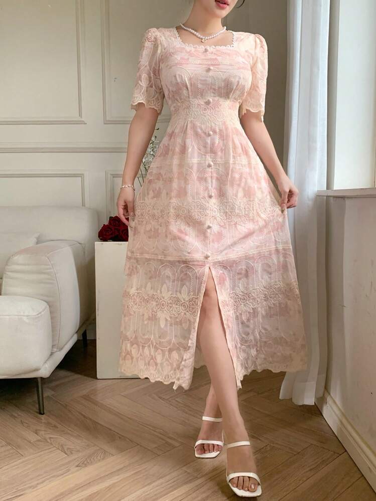 DAZY فستان نسائي أنيق للصيف بياقة مربعة وأكمام قصيرة، مطرز بالدانتيل، للأيام العادية والإجازات - وردي - مشاهدة 4