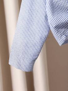 2pcs Girls Striped Lapel Long Sleeve Cardigan Shirt And Straight Leg Pants Set, Casual School Uniform Back To School Outfit - Blue - View 8