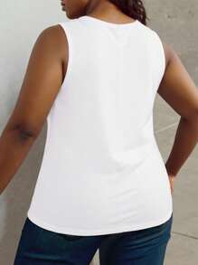 SHEIN LUNE Áo ba lỗ cổ tròn in họa tiết chữ và tai nghe mùa hè cỡ lớn - trắng - Xem 2