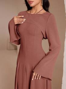 Veilorie 2pcs Women Solid Color Long Sleeve Cropped Top And Halter Neck Dress Elegant Set - Red - View 2
