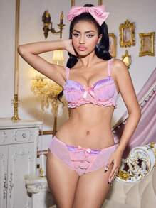 FairyFlirt Women's Sheer Mesh Bowknot Ruffle Edge Lingerie Set