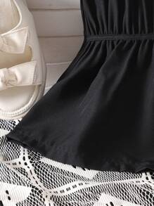 Tween Girl Frill Trim Balloon Sleeve Black Blouse - Black - View 8