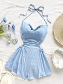 Soleia 女士度假风系带垂坠领露腰连体衣，宽松下摆，适合派对、下午茶、城市街头穿着 - 淺藍色 - 查看 3