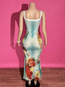 Slaydiva 2025新款夏季休闲街头性感Y2K辣妹风格甜美优雅U领宽肩带背心修身鱼尾裙长裙全身印花花卉印花蓝底渐变红花网眼女长裙-A - 彩色 - 查看 2