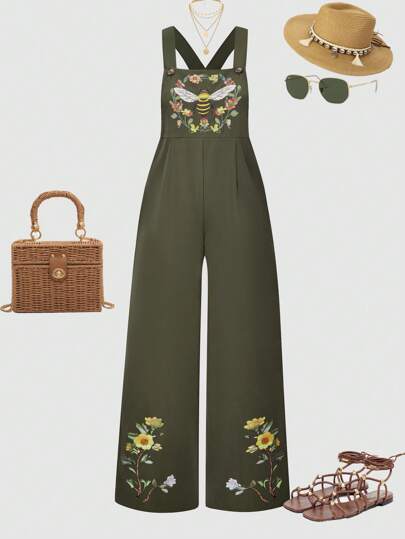 SHEIN Explorewe 青少年女孩度假蜜蜂和花卉印花宽腿连体裤