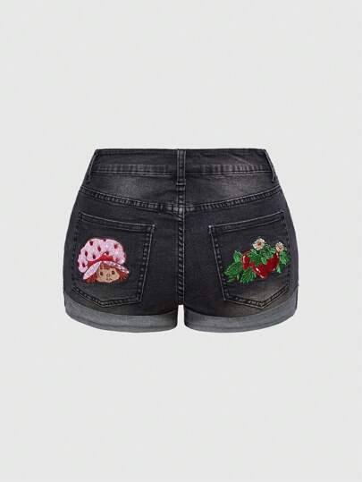 Plus Size Women's Summer Casual Cute Street Fashion Cartoon Figure & Strawberry Embroidery Denim Shorts