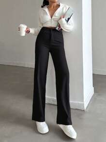 SHEIN PETITE 100%Cotton HIGH RISE BEIGE WIDE LEG PETITE SIZE JEAN - Black - View 3