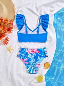 Young Girl Tropical Rainforest Leaf & Flamingo Print Ruffle Trim Bikini Set, Family Matching Outfits Mommy And Me (4 Sets Sold Separately) - Multicolor - View 2